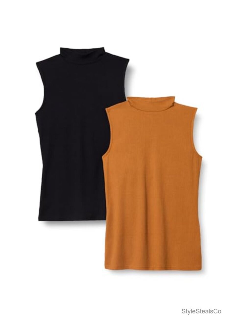 Women's Slim Fit Ribbed Knit Sleeveless Mock Neck Tank Top 2 Pack Cotton